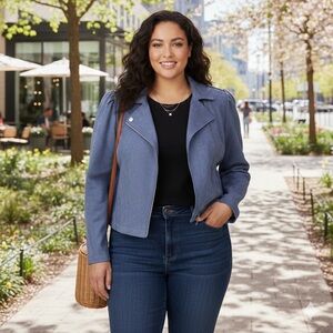 LC Lauren Conrad Women's Blue Bomber Jacket puff sleeve silver hardware 2x